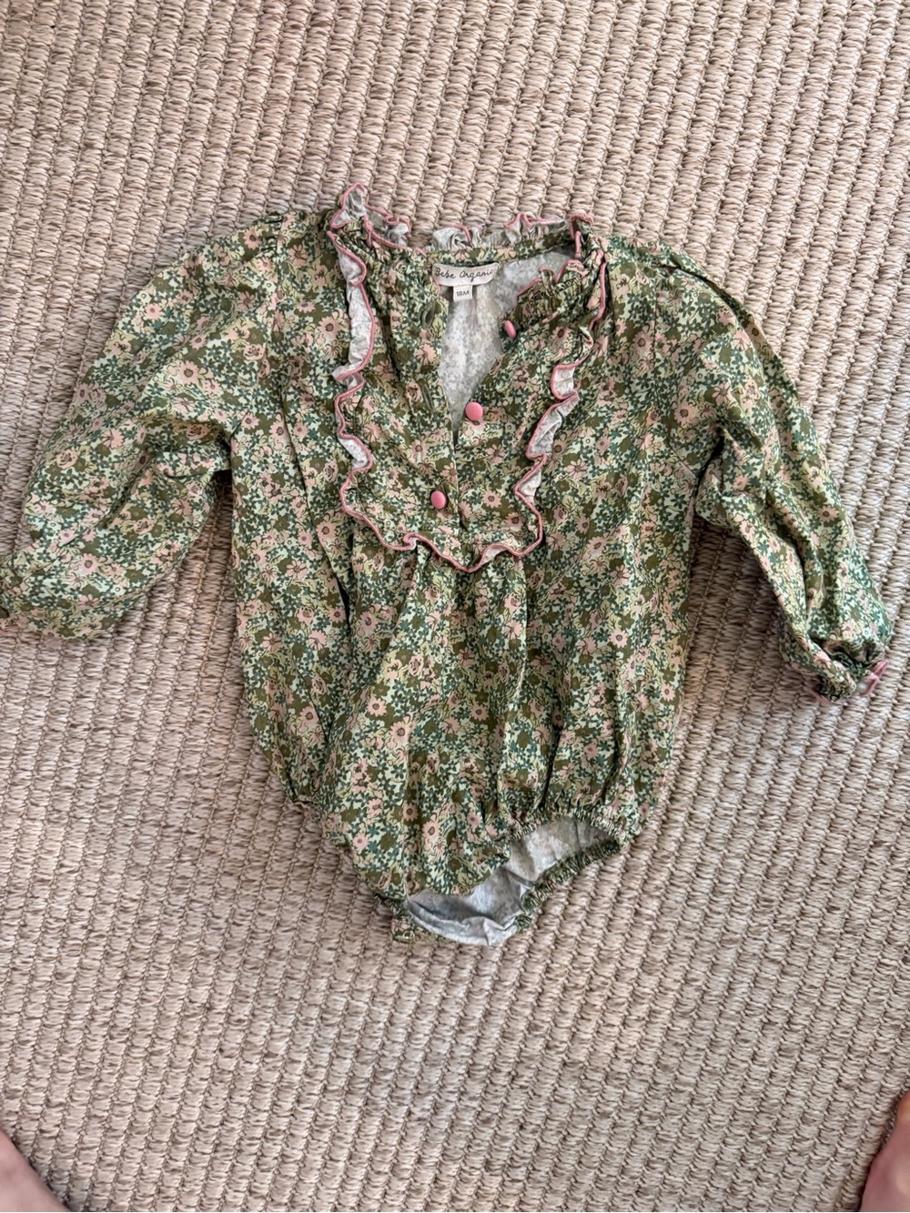 Green Floral Ruffle Baby One-Piece with Pink Accents